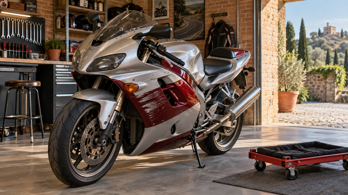 AI illustration of a silver and burgundy used sportbike in a garage