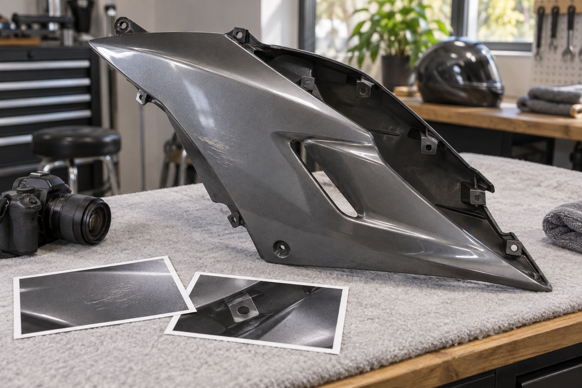 AI illustration: a generic silver fairing with a small cosmetic scuff and example photos; not a real listing.