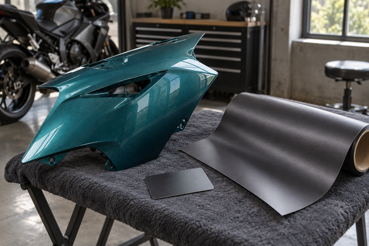 AI editorial illustration for Motorcycle Fairing Vinyl Wrap vs Painted Replacement Panels: Which Project Are You Buying?. Not a product or fitment photograph.