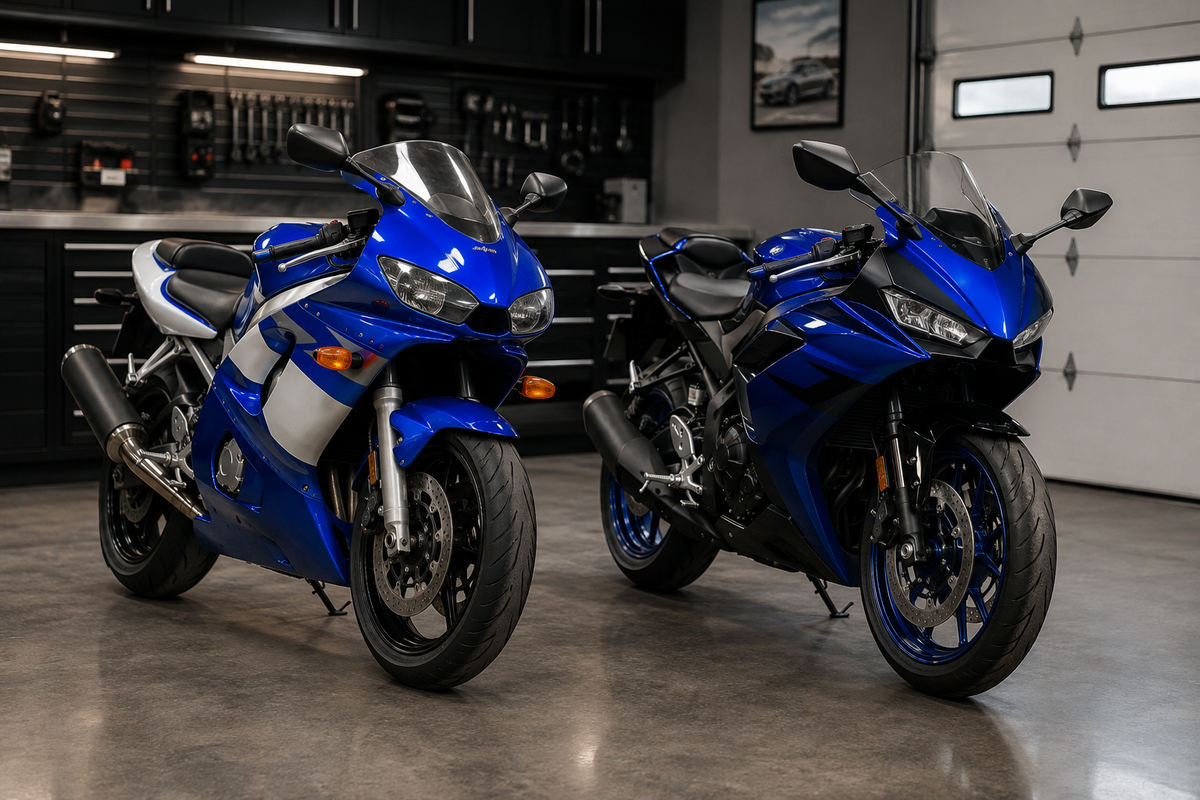 Earlier and later blue middleweight supersport motorcycles compared in a workshop