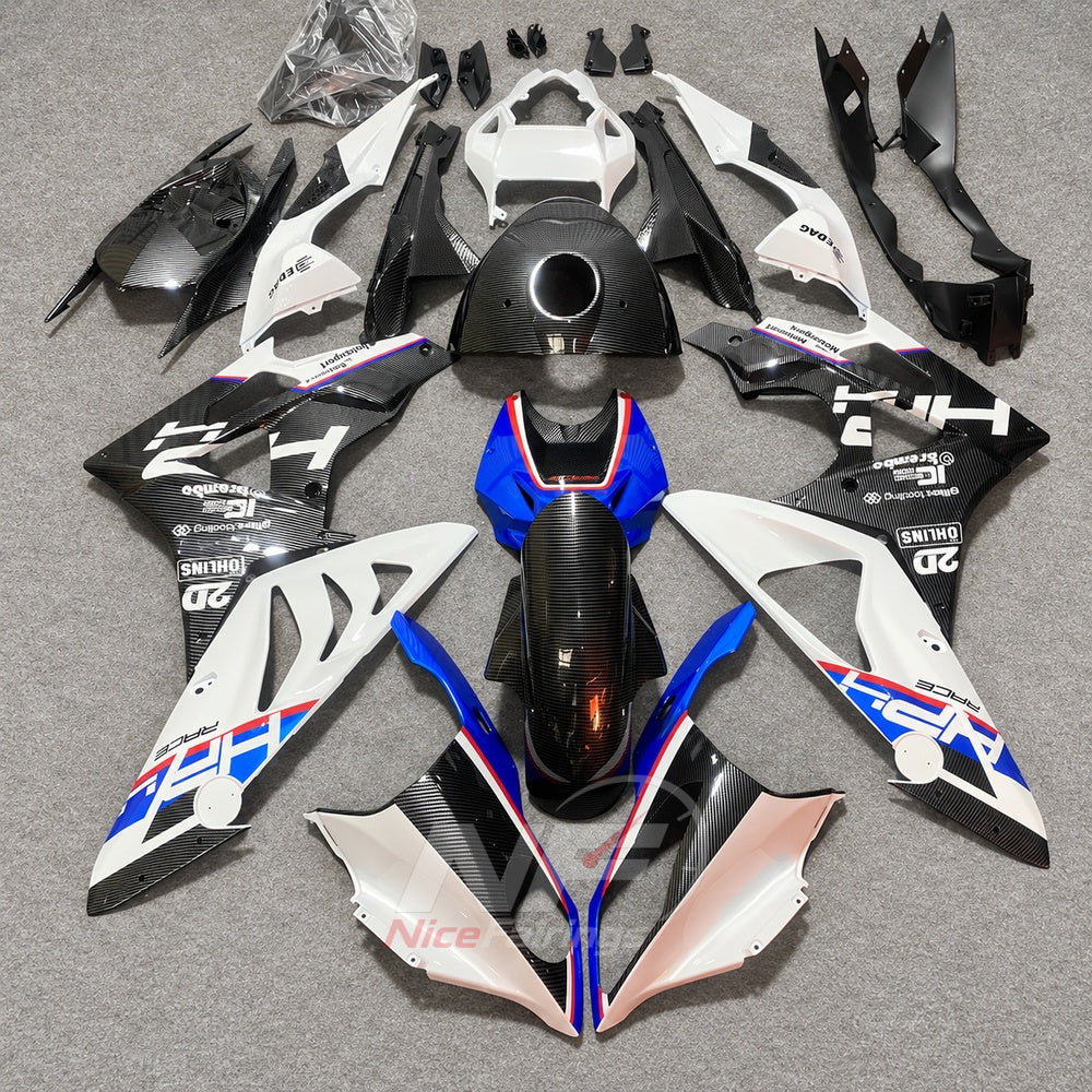 Sportbike Fairing Kit Fits 2009-2014 BMW S1000RR - Injection-Molded ABS Carbon Fiber Look - Blue White Black with Tank Cover | NiceFairings - paint design NO.6 option image