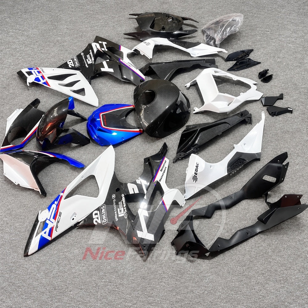 Custom Fairings Fit 2009-2014 BMW S1000RR - ABS Plastic Carbon Fiber Look - White Blue Black with Tank Cover | NiceFairings - front angle image