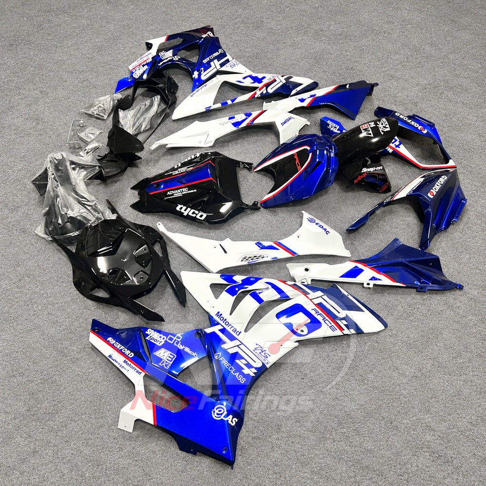 Replacement Fairings Fit 2009-2014 BMW S1000RR - Aftermarket ABS Carbon Fiber Look - Blue White Black | NiceFairings - side angle image