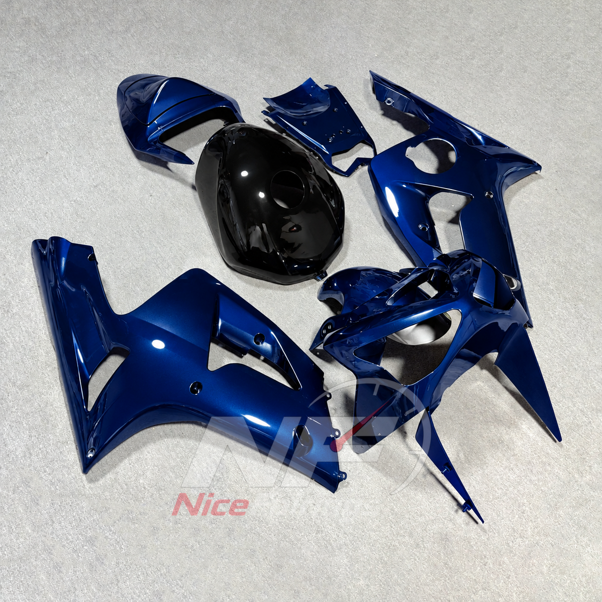 Kawasaki ZX6R 2003-2004 Deep blue fairings with black tank cover - angled view