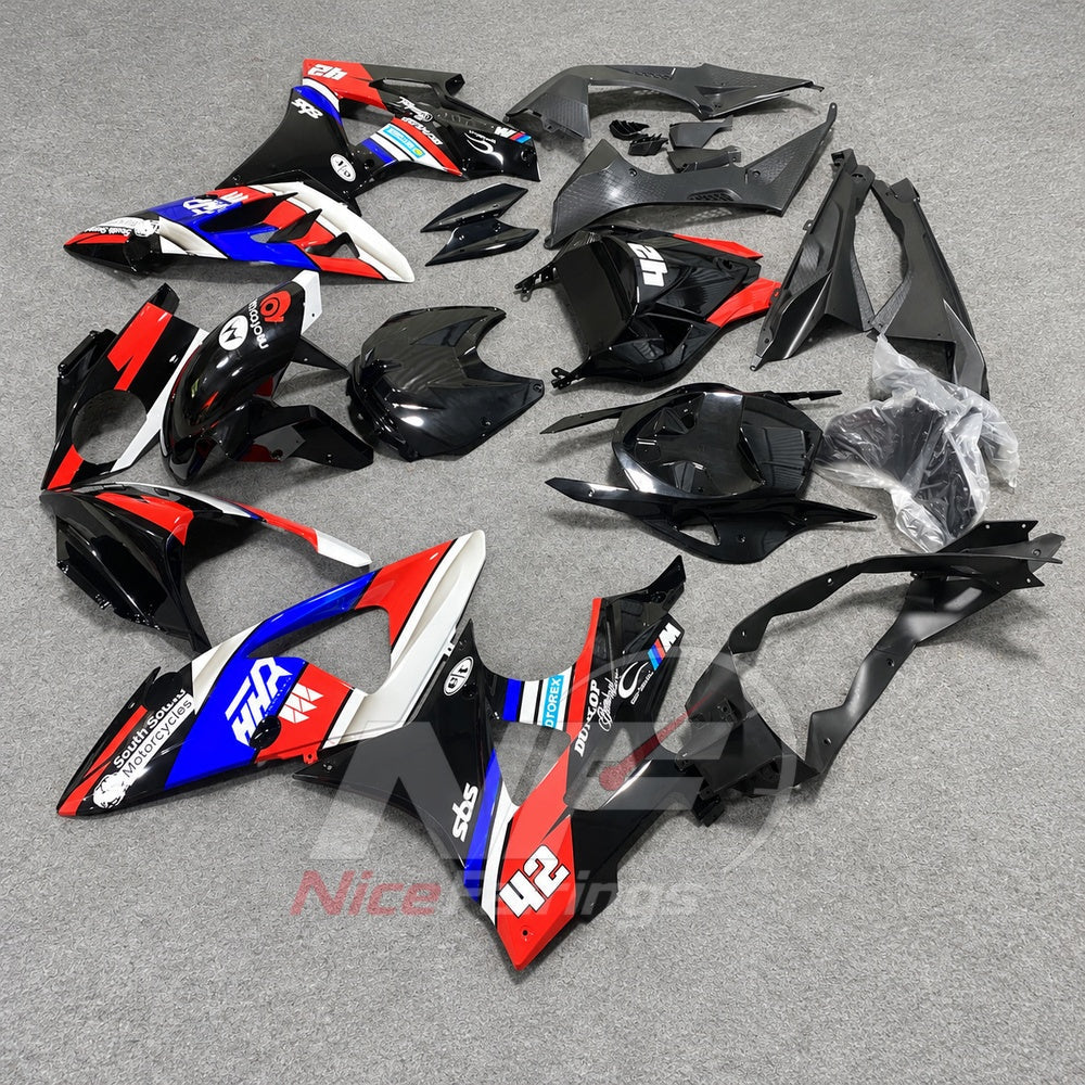 Fairings Kit Fits 2009-2014 BMW S1000RR - Injection-Molded ABS Carbon Fiber Look - Black Blue Red | NiceFairings - front angle image