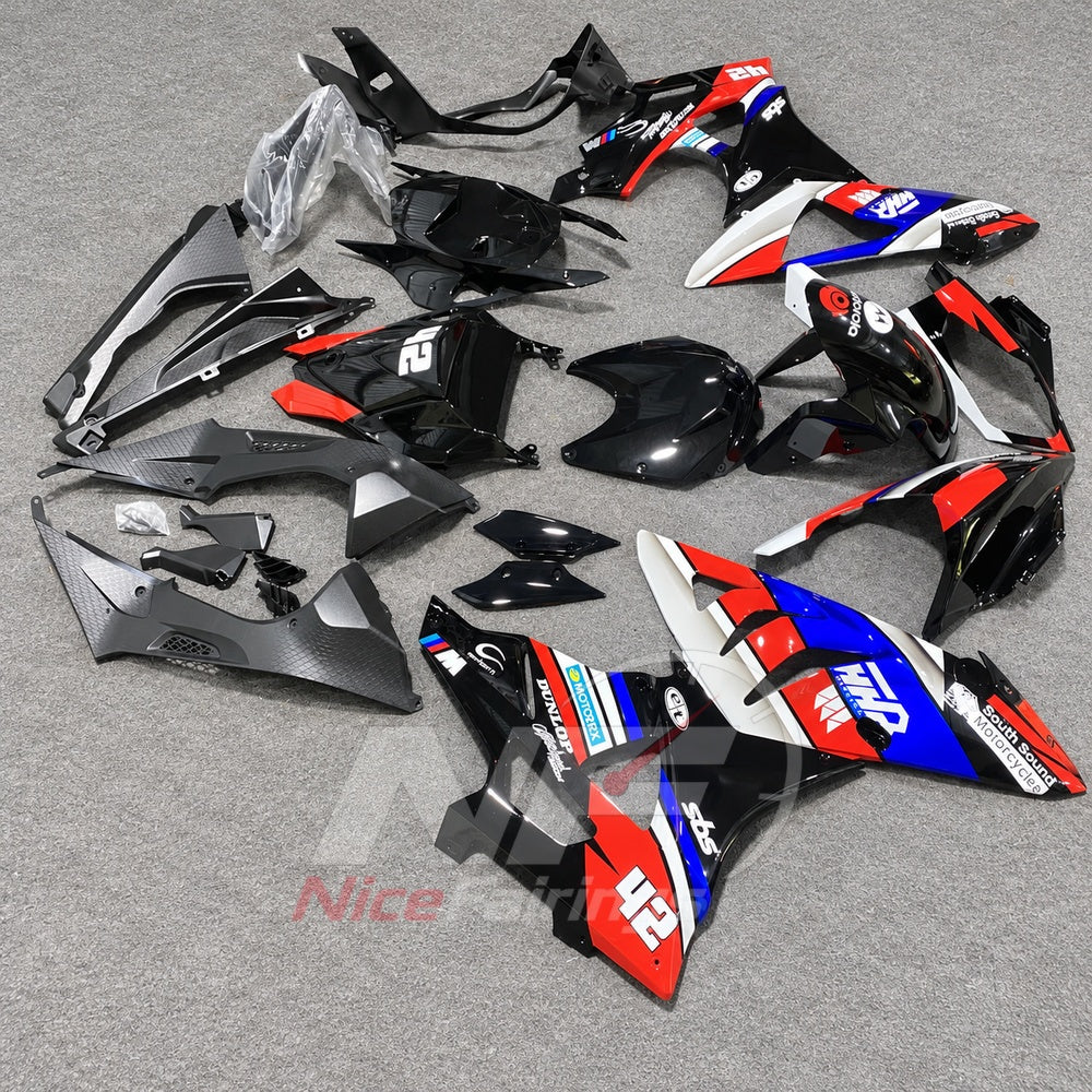 Fairings Kit Fits 2009-2014 BMW S1000RR - Injection-Molded ABS Carbon Fiber Look - Black Blue Red | NiceFairings - side angle image