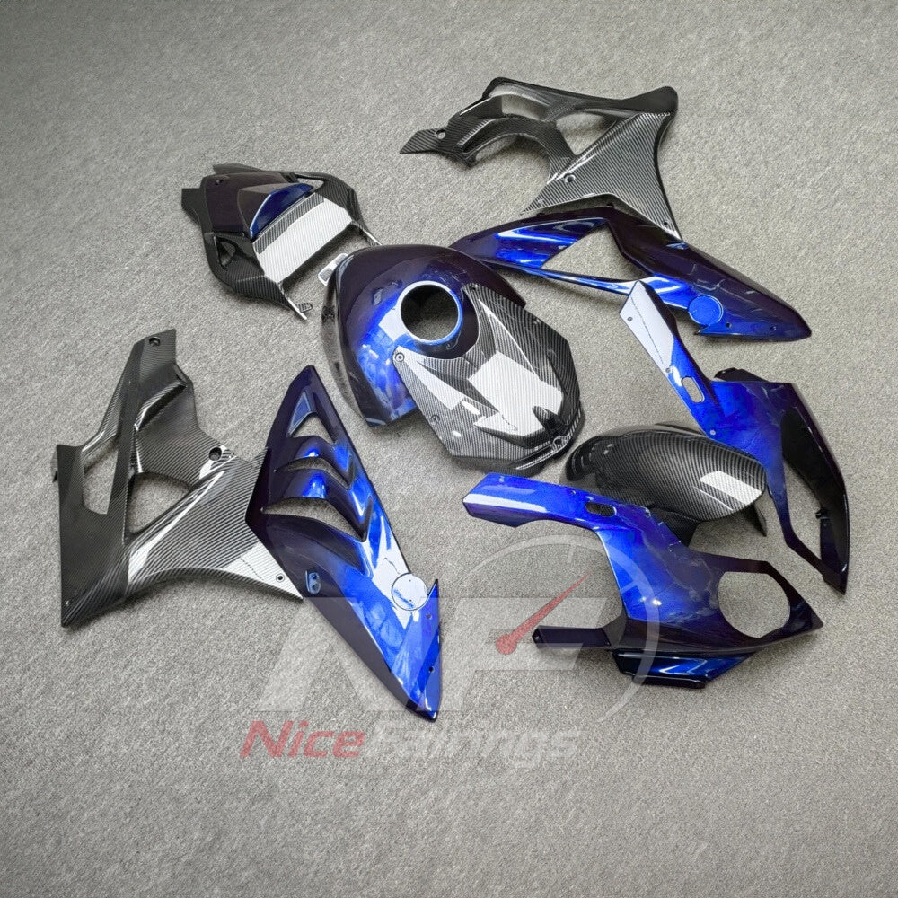 Motorcycle Fairing Kit Fits 2009-2014 BMW S1000RR - Aftermarket ABS Carbon Fiber Look - Blue Silver with Tank Cover | NiceFairings - front angle image