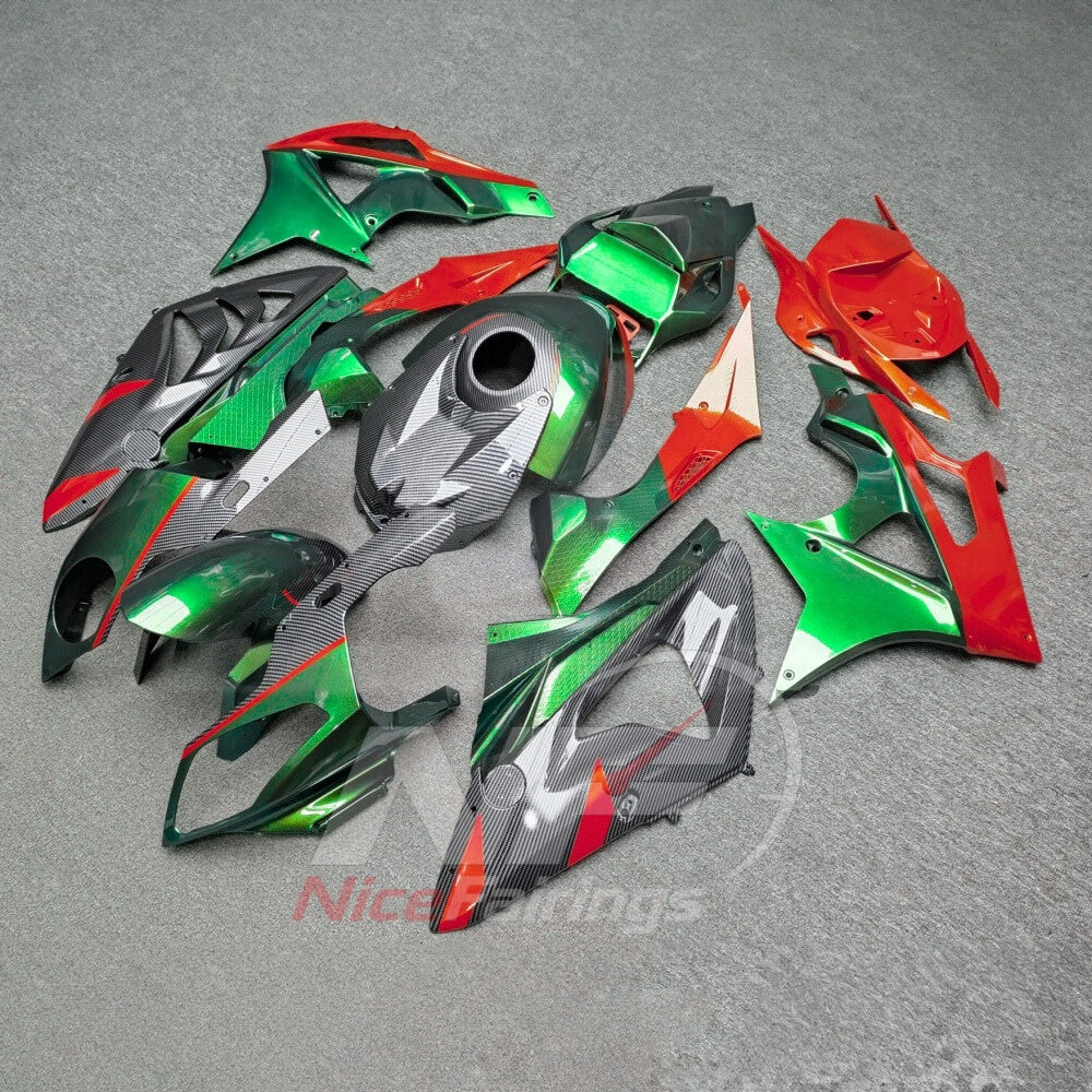 Aftermarket Fairing Kit Fits 2009-2014 BMW S1000RR - Carbon Fiber Look Bodywork - Red Green Black with Tank Cover | NiceFairings - front angle image