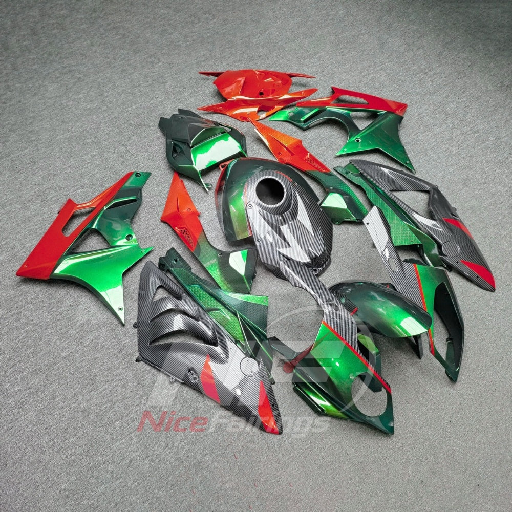 Aftermarket Fairing Kit Fits 2009-2014 BMW S1000RR - Carbon Fiber Look Bodywork - Red Green Black with Tank Cover | NiceFairings - side angle image