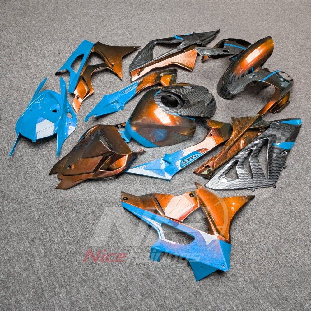 Fairings Kit Fits 2009-2014 BMW S1000RR - Injection-Molded ABS Carbon Fiber Look - Orange Blue with Tank Cover | NiceFairings - side angle image
