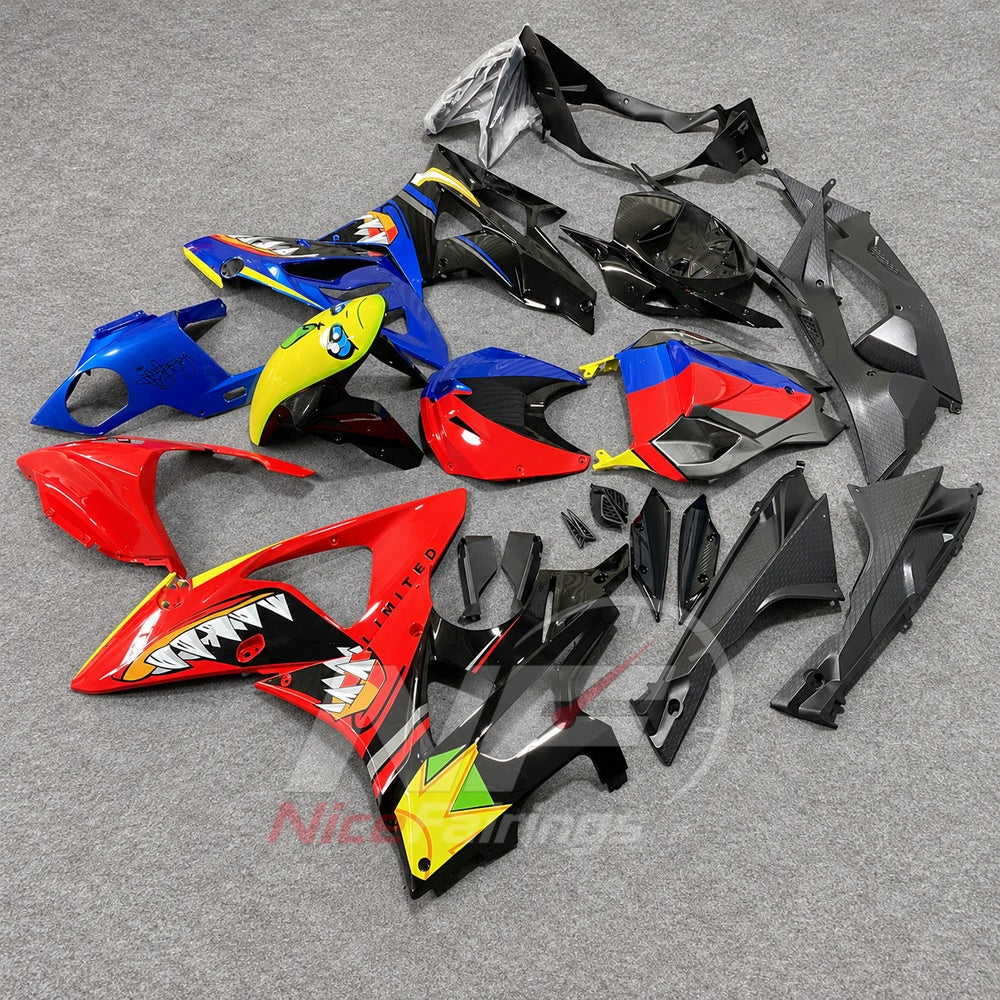 Custom Fairings Fit 2009-2014 BMW S1000RR - ABS Plastic Carbon Fiber Look - Red Blue Yellow | NiceFairings - front angle image