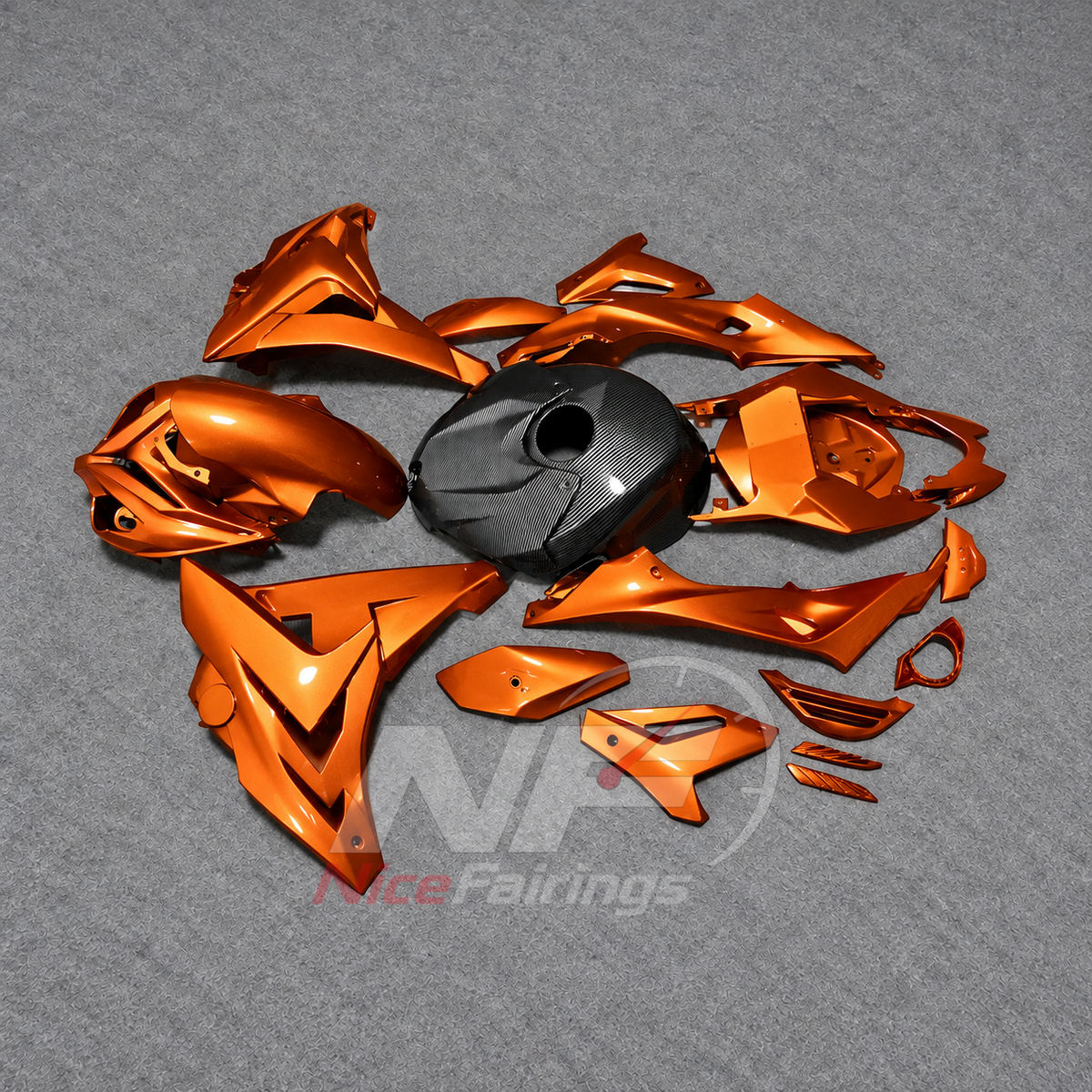 Fairing Kit Fits 2014-2016 BMW S1000R - ABS Plastic Carbon Fiber Look - Orange Black with Tank Cover | NiceFairings - front angle image