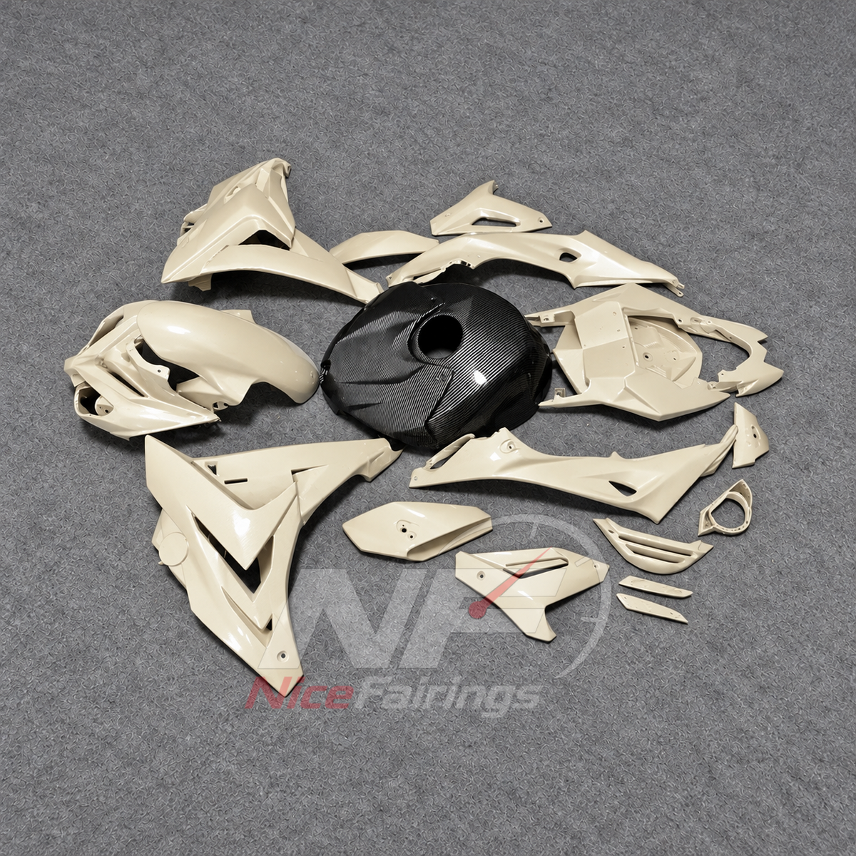 Motorcycle Fairing Kit Fits 2014-2016 BMW S1000R - Aftermarket ABS Carbon Fiber Look - Cream Black with Tank Cover | NiceFairings - front angle image