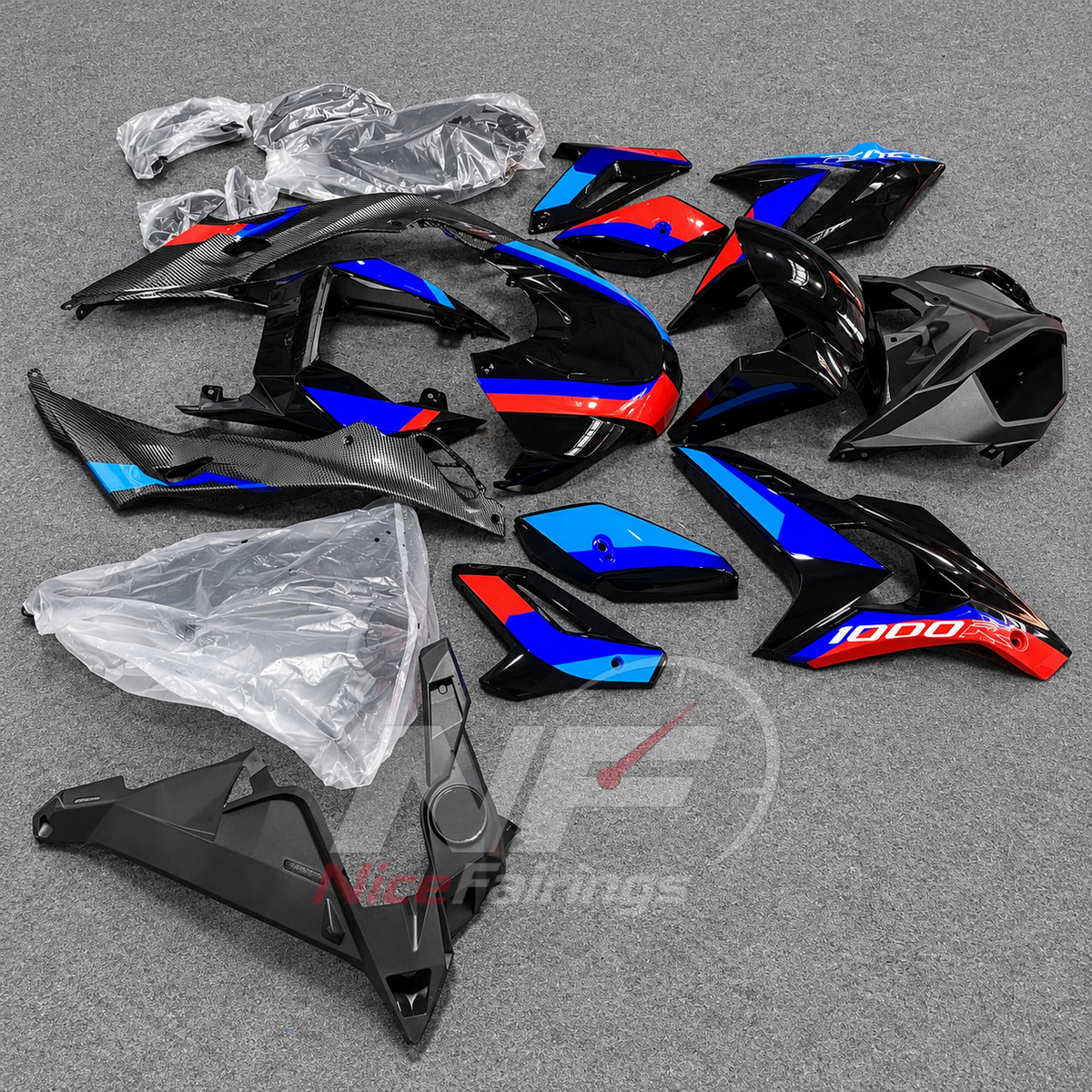 Sportbike Fairing Kit Fits 2014-2016 BMW S1000R - ABS Fairing Panels Carbon Fiber Look - Blue Red | NiceFairings - side angle image