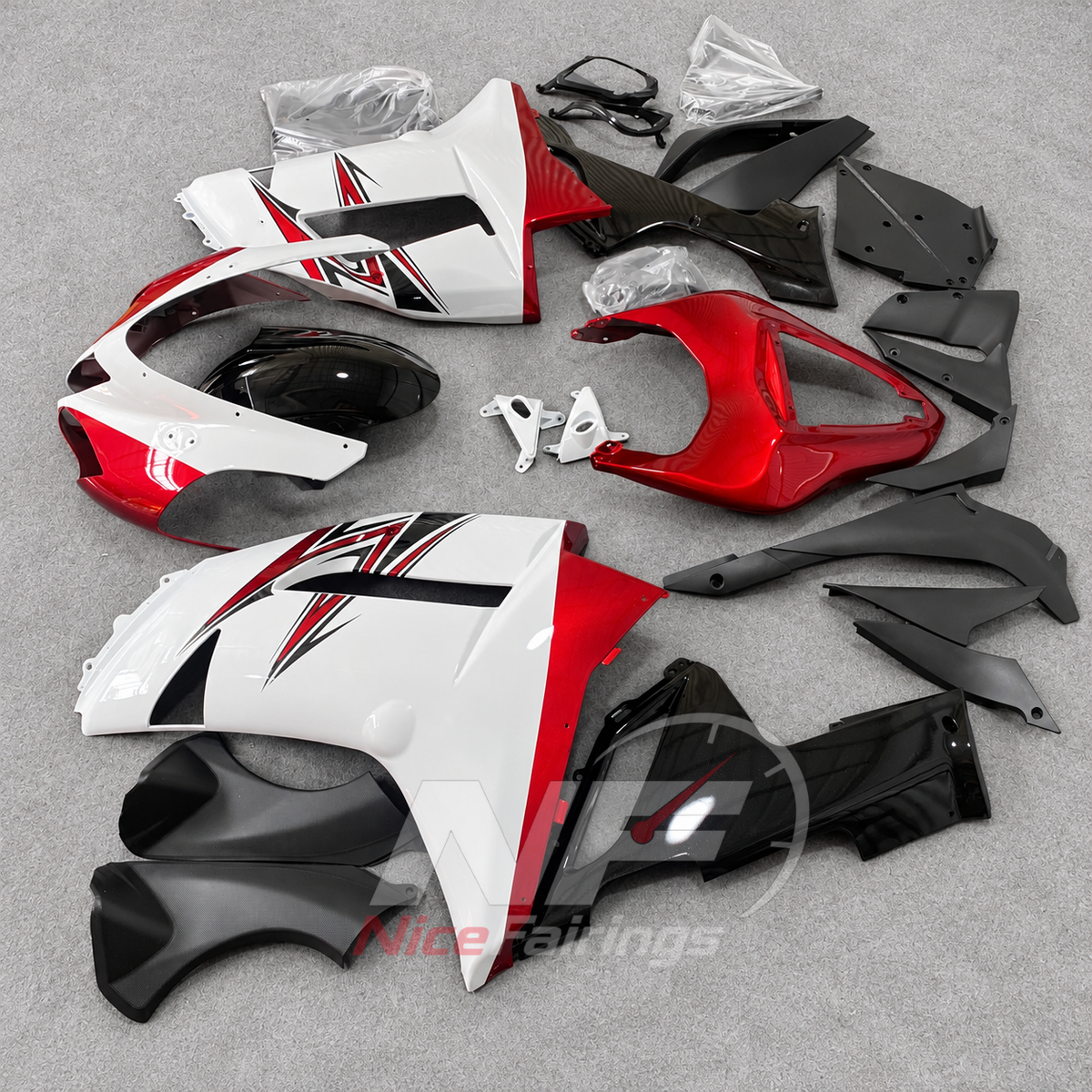 Kawasaki ZX6R 2007-2008 White-red angular layout - angled view
