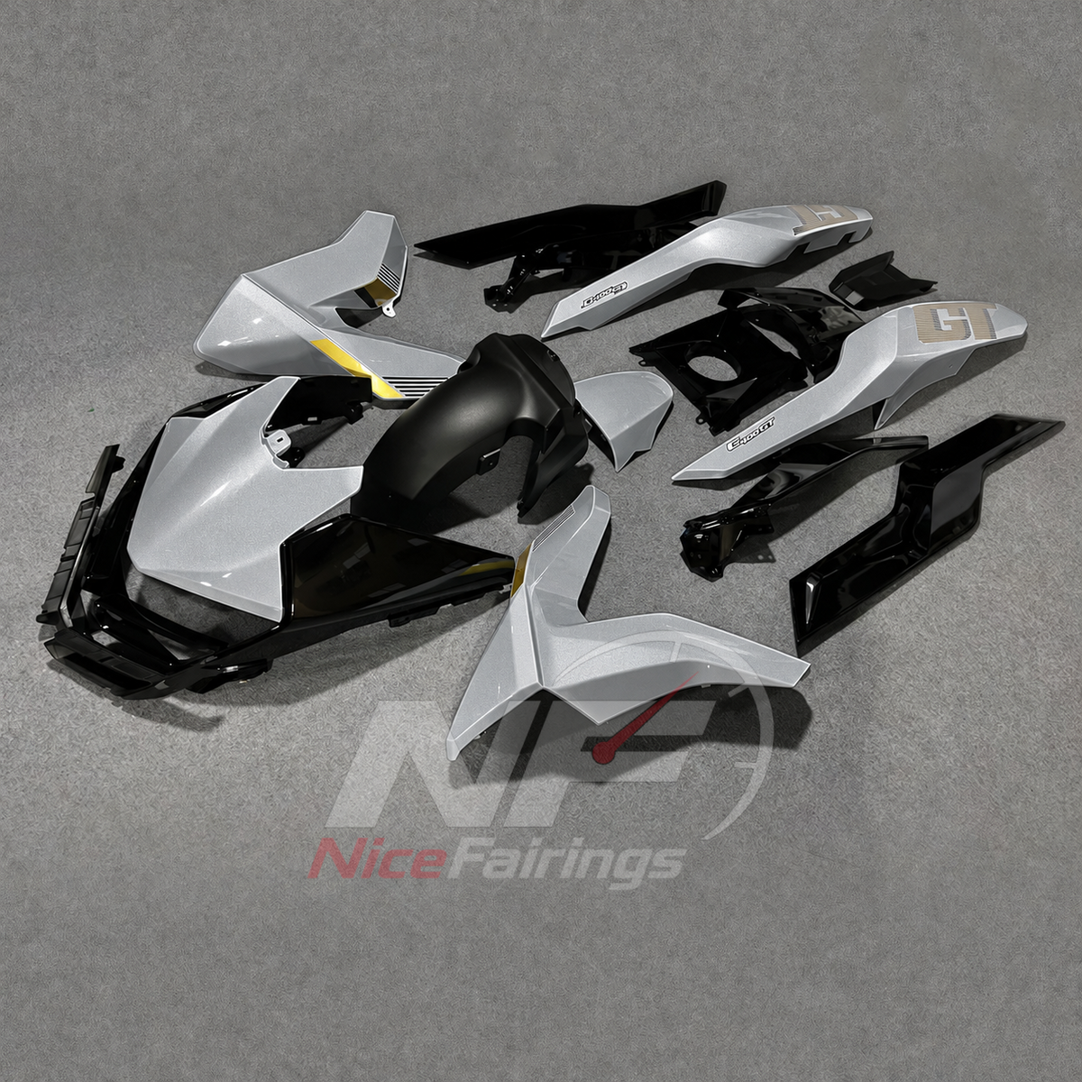 Aftermarket Fairing Kit Fits 2019-2025 BMW C400GT - Injection-Molded ABS Plastic - Silver Black Gold | NiceFairings - front angle image
