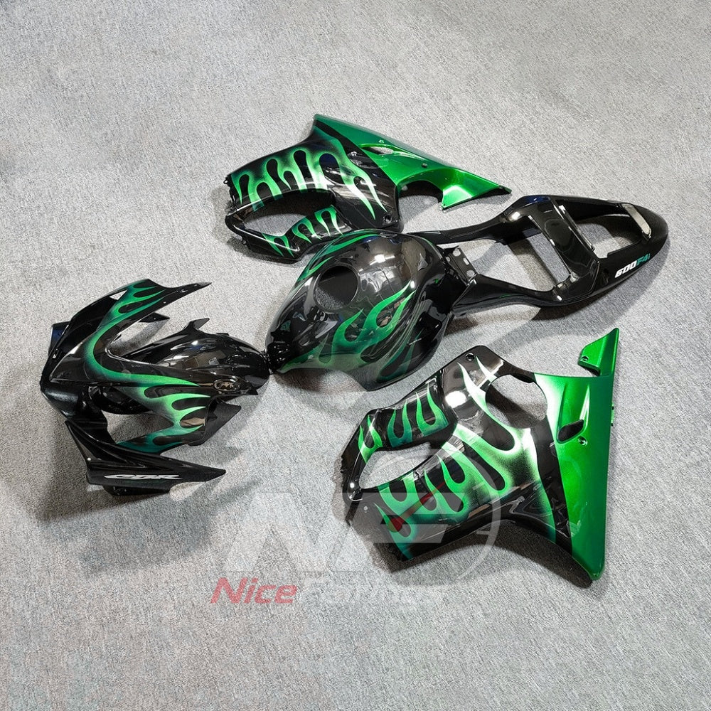 Motorcycle Fairing Kit Fits 2001-2003 HONDA CBR600 F4i - ABS Plastic - Green Flame Black | NiceFairings - front angle image