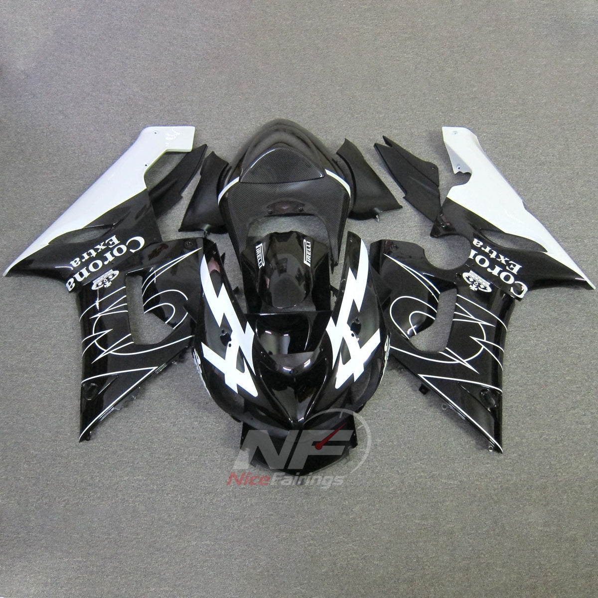 Kawasaki ZX6R 2005-2006 Black white lightning graphics - front view