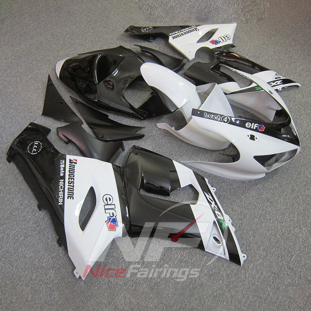 Kawasaki ZX6R 2005-2006 White black printed accents - angled view