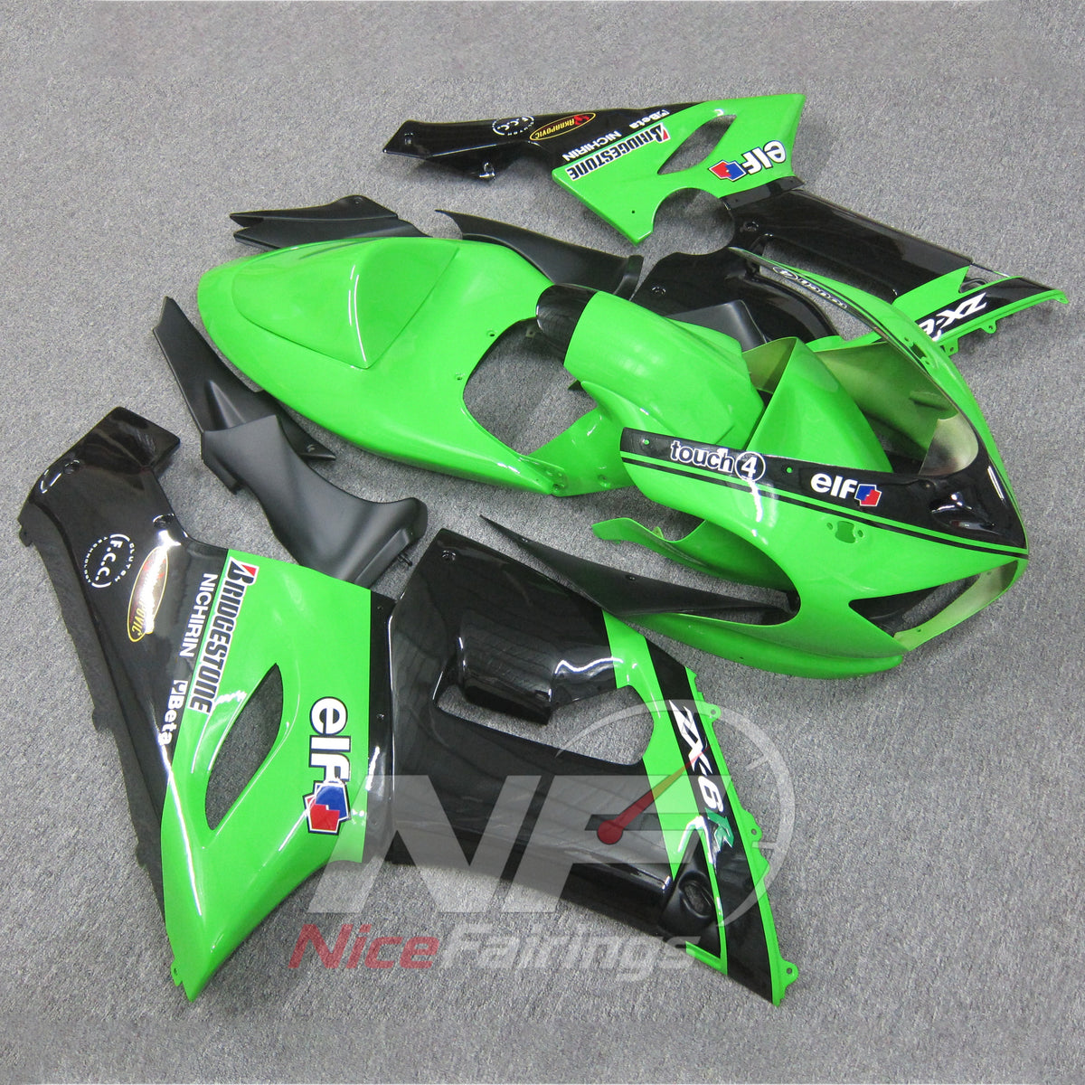 Kawasaki ZX6R 2005-2006 Green sponsor-marked panels - angled view