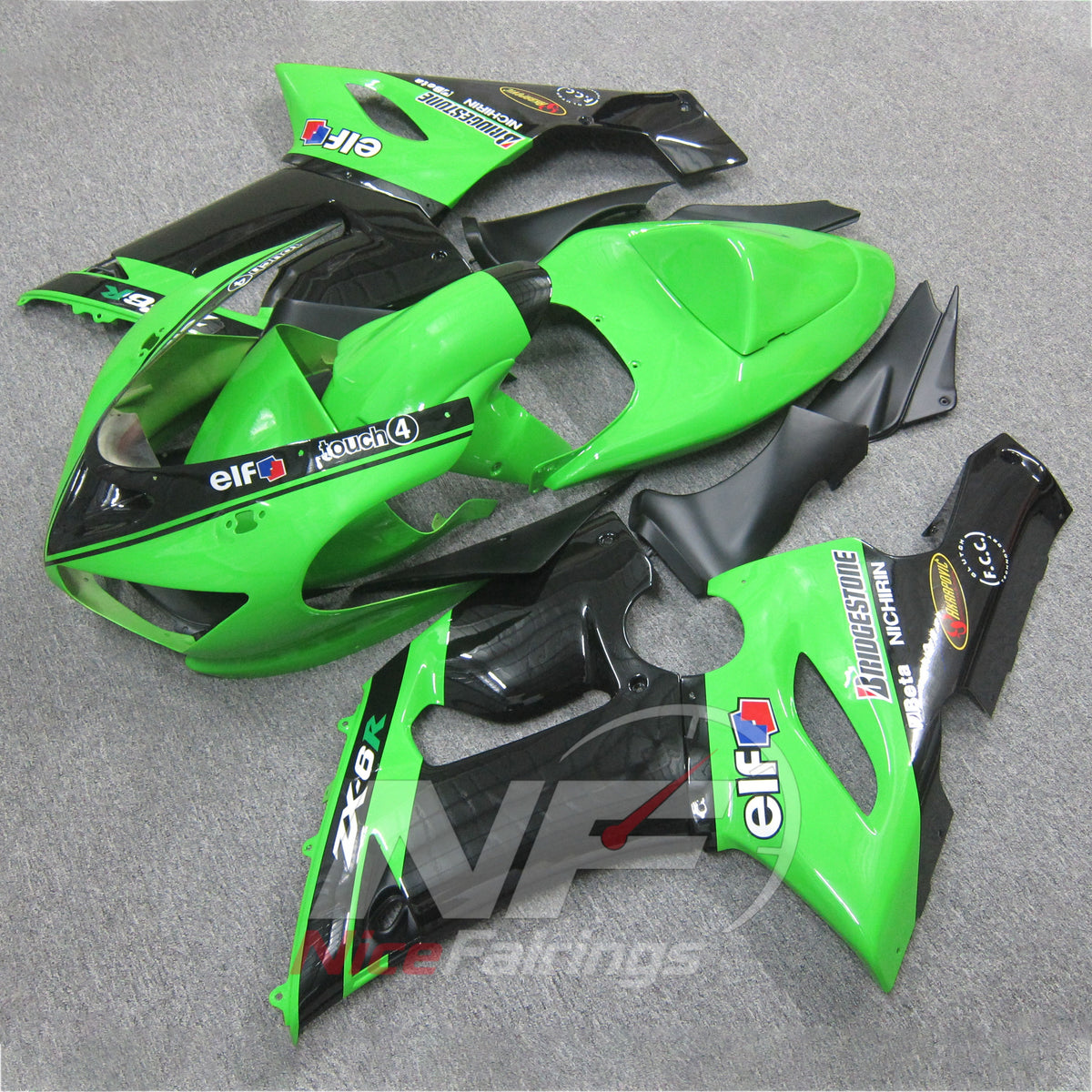 Kawasaki ZX6R 2005-2006 Green sponsor-marked panels - angled view