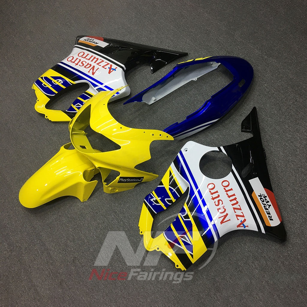 Fairing Kit Fits 1999-2000 HONDA CBR600 F4 - ABS Plastic - Yellow Blue White | NiceFairings - side angle image