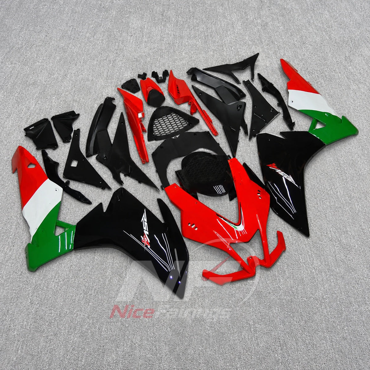 Sportbike Fairing Kit Fits 2009-2014 APRILIA RSV4 1000 - ABS Plastic Bodywork - Red White Green | NiceFairings - front angle image