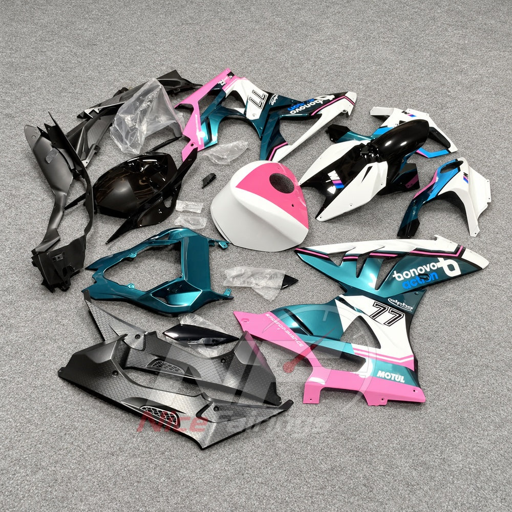 Motorcycle Fairing Kit Fits 2009-2014 BMW S1000RR - Aftermarket ABS Panels - Pink Teal White with Tank Cover | NiceFairings - front angle image