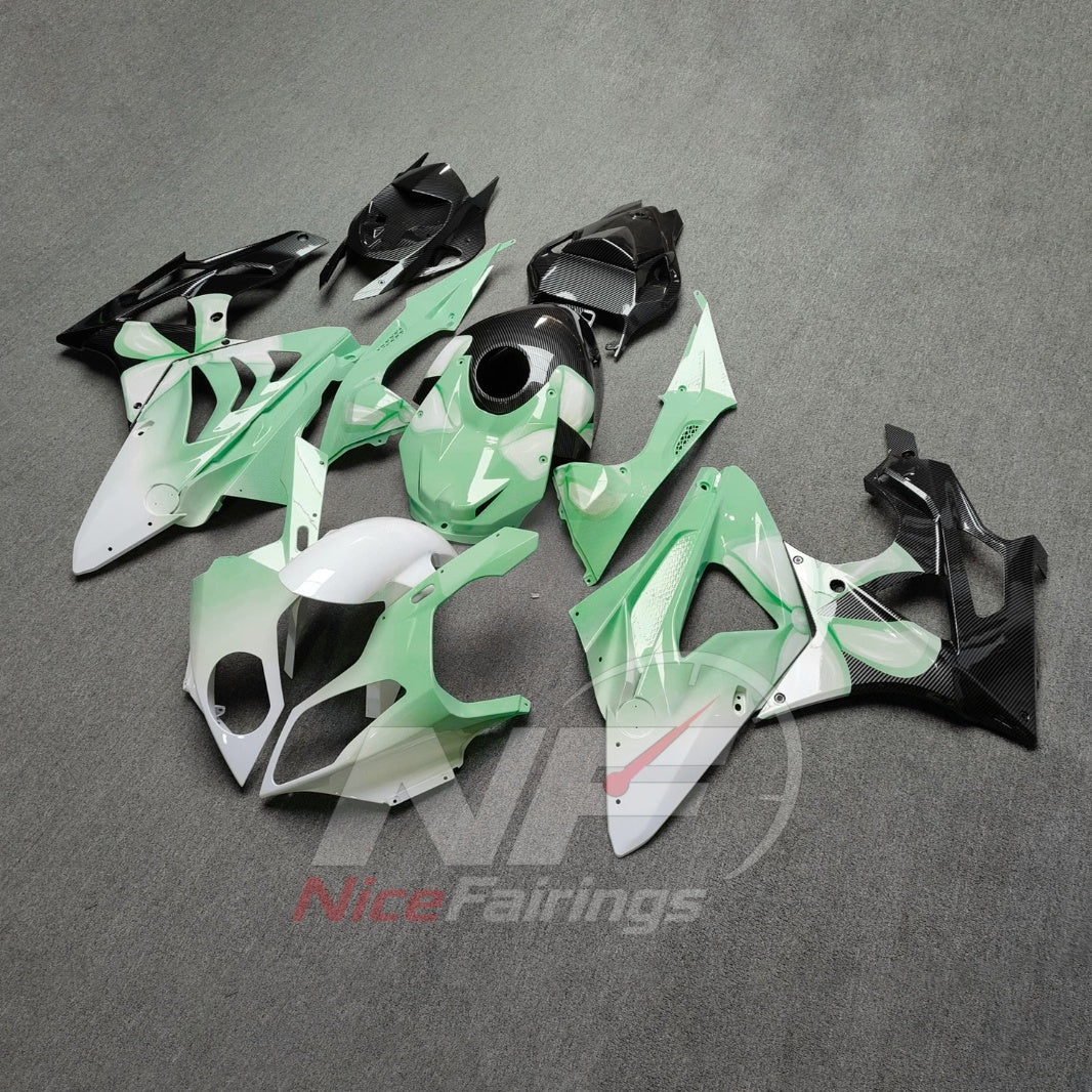 Replacement Fairings Fit 2009-2014 BMW S1000RR - Aftermarket ABS Carbon Fiber Look - Mint Green Black with Tank Cover | NiceFairings - front angle image