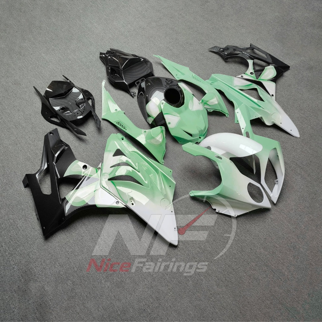 Replacement Fairings Fit 2009-2014 BMW S1000RR - Aftermarket ABS Carbon Fiber Look - Mint Green Black with Tank Cover | NiceFairings - side angle image