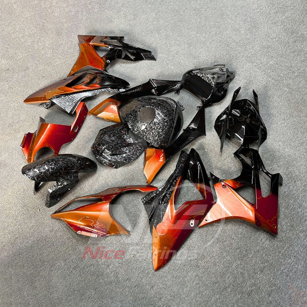 ABS Plastic Fairing Kit Fits 2009-2014 BMW S1000RR - Carbon Fiber Look Bodywork - Orange Black with Tank Cover | NiceFairings - front angle image
