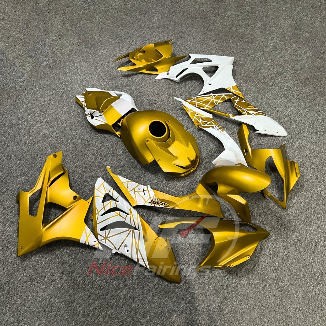 Fairing Kit Fits 2009-2014 BMW S1000RR - ABS Plastic Bodywork - Gold White with Tank Cover | NiceFairings - side angle image