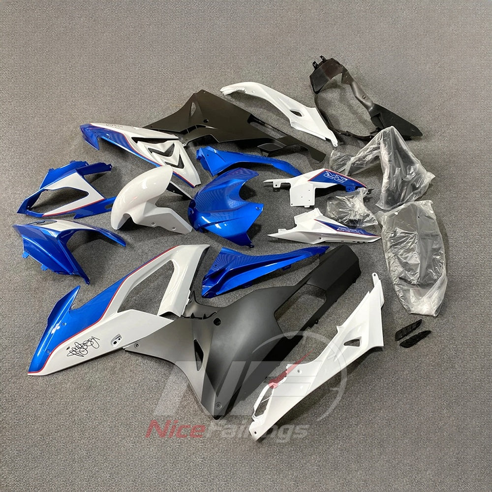 Injection-Molded Fairing Kit Fits 2015-2016 BMW S1000RR - White Blue - ABS Plastic Bodywork | NiceFairings - front angle image