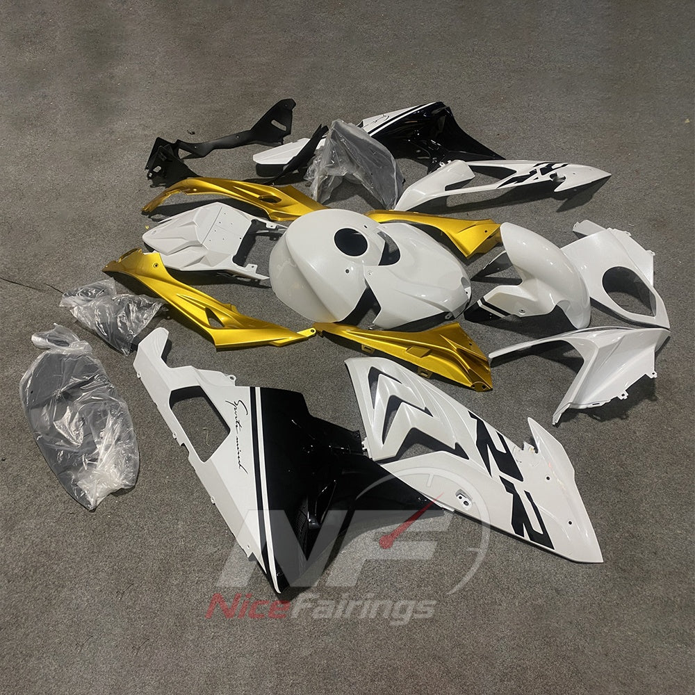 Custom Fairings Fit 2015-2016 BMW S1000RR - White Gold Black - Tank and Tail Covers Included - Injection-Molded ABS Plastic | NiceFairings - front angle image