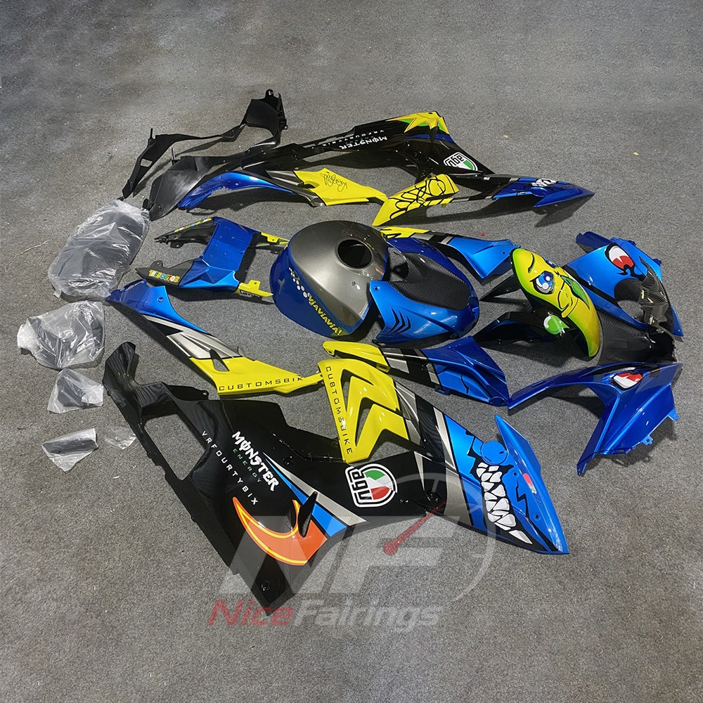 Fairings Kit Fits 2015-2016 BMW S1000RR - Blue Yellow Black Carbon Fiber Look - ABS Plastic Bodywork | NiceFairings - front angle image