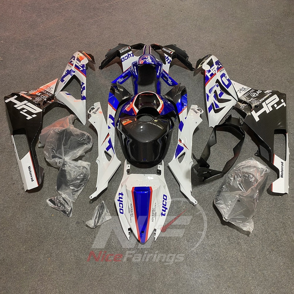 Custom Fairings Fit 2015-2016 BMW S1000RR - White Blue Black Carbon Fiber Look - ABS Plastic Bodywork | NiceFairings - front angle image