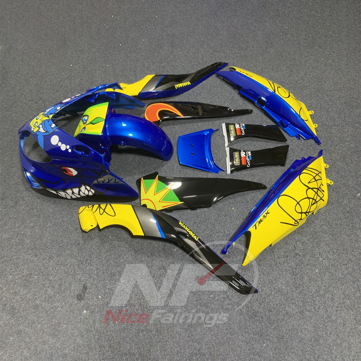 Scooter Fairing Kit Fits 2001-2007 YAMAHA TMAX500 (T-MAX500) - Aftermarket ABS Panels - Blue Yellow Graphic | NiceFairings - side angle image