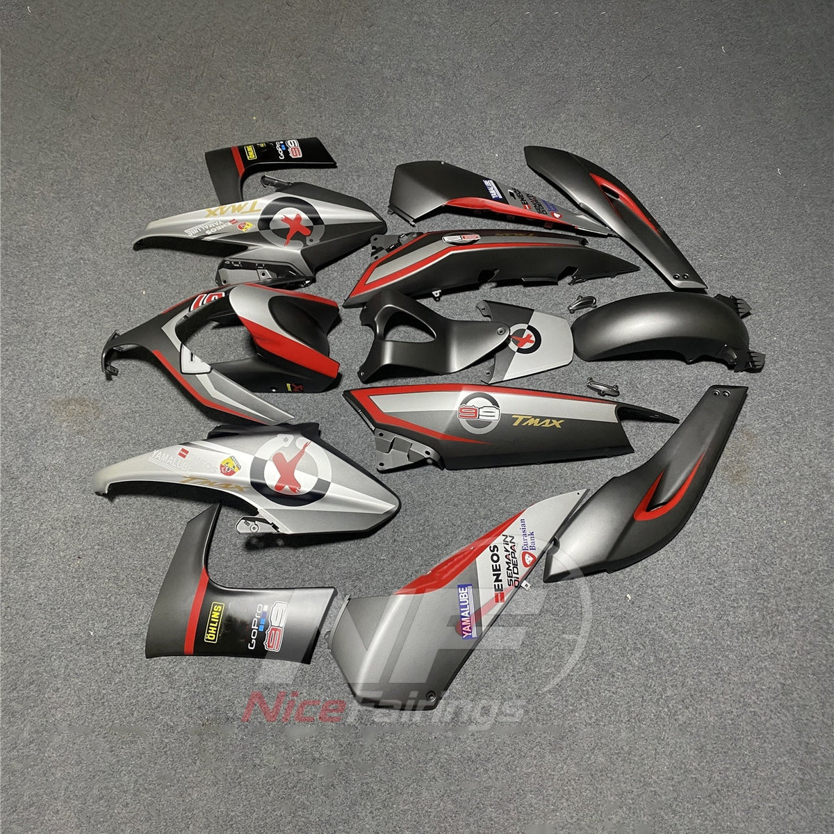 Fairings Kit Fits 2008-2011 YAMAHA TMAX500 (TMAX-500) - Custom-Painted ABS Bodywork - Silver Red Black | NiceFairings - side angle image