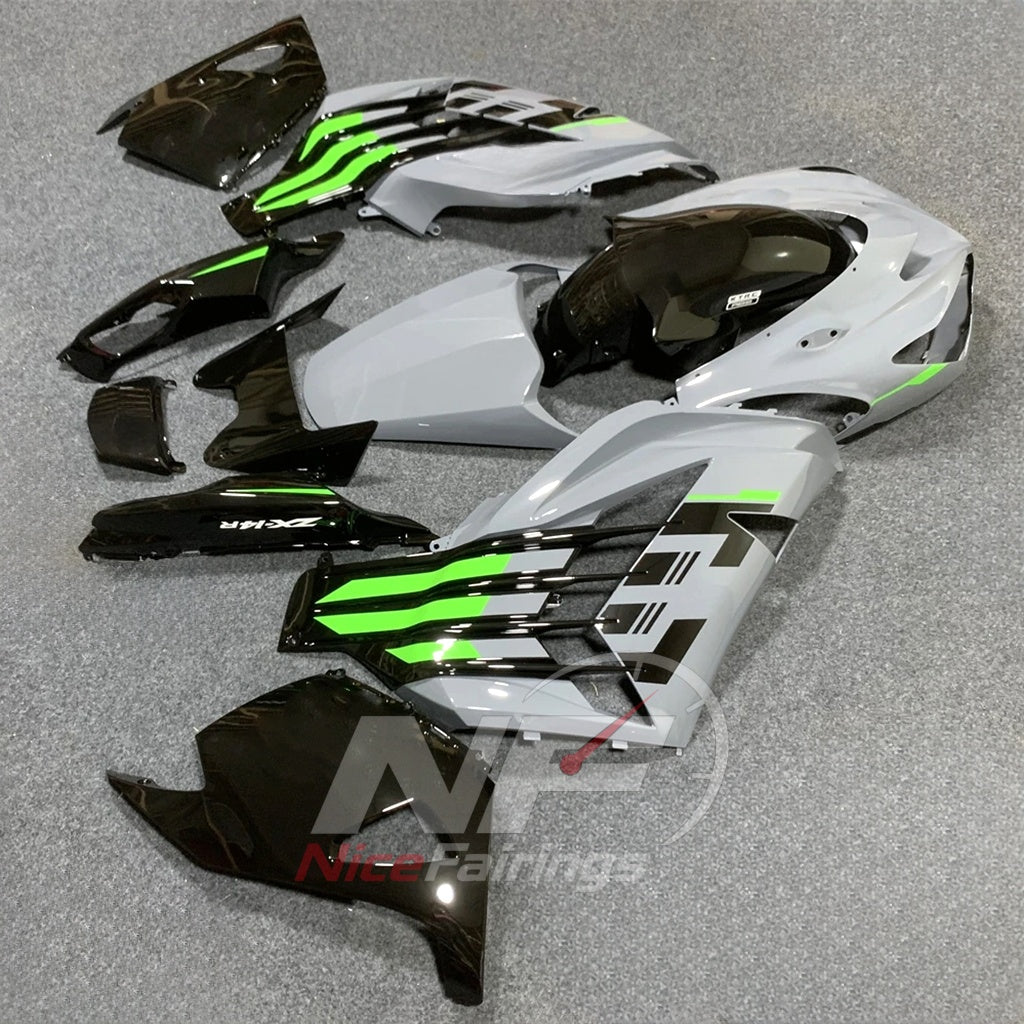 Aftermarket Fairing Kit Fits 2012-2025 KAWASAKI Ninja ZX-14R / ZZR1400 - ABS Plastic Bodywork - White Green Black | NiceFairings - side angle image