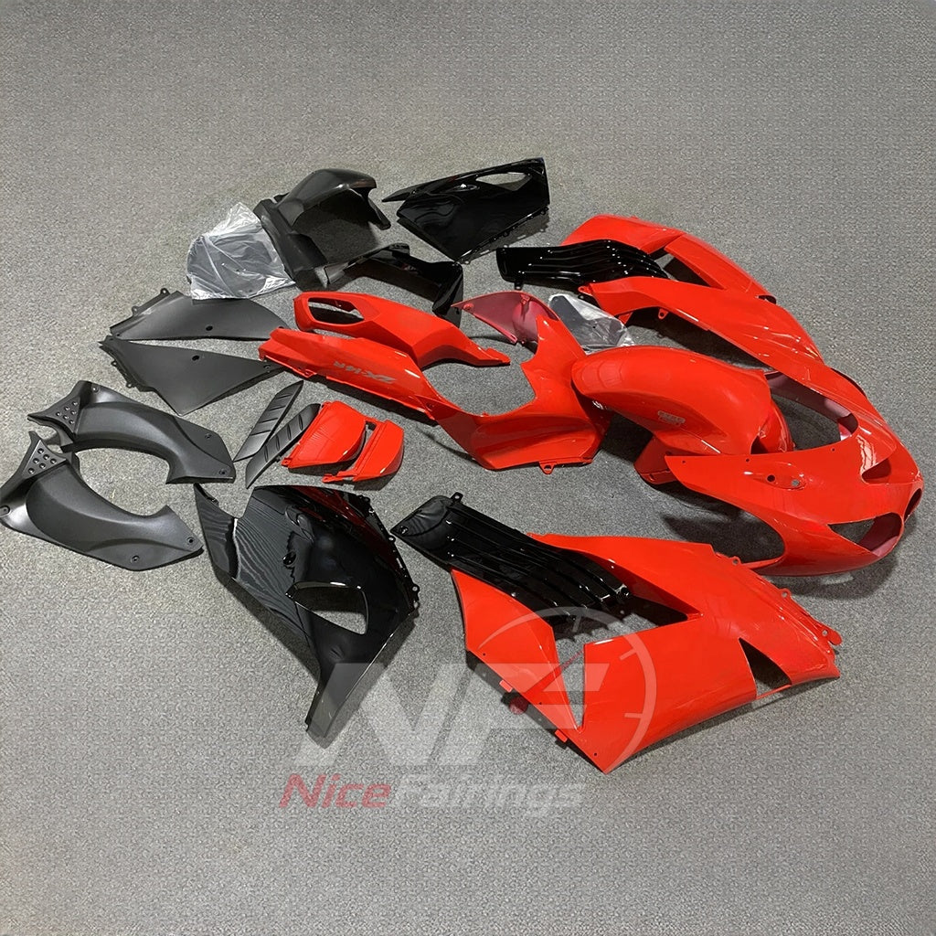 ABS Plastic Fairing Kit Fits 2006-2011 KAWASAKI Ninja ZX-14 / ZZR1400 - Bright Orange Black Bodywork | NiceFairings - side angle image