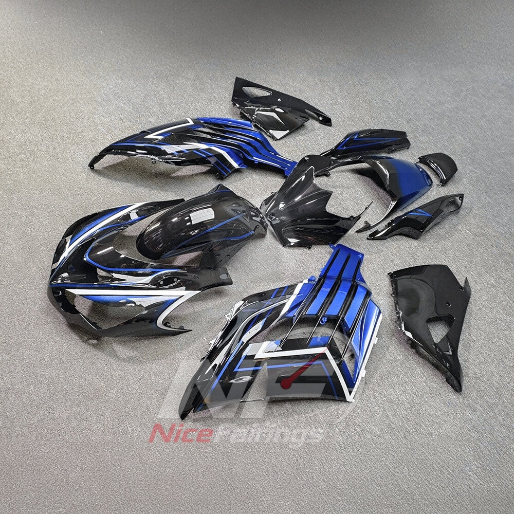 Aftermarket Fairing Kit Fits 2012-2025 KAWASAKI Ninja ZX-14R / ZZR1400 - ABS Plastic Bodywork - Blue Black White | NiceFairings - side angle image
