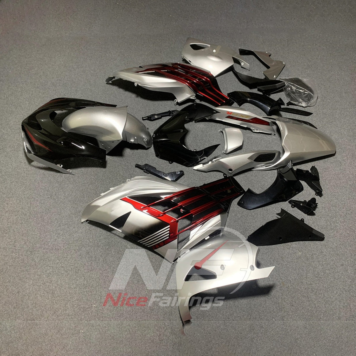 Replacement Fairings Fit 2012-2025 KAWASAKI Ninja ZX-14R / ZZR1400 - ABS Plastic Bodywork - Silver Black Red | NiceFairings - front angle image