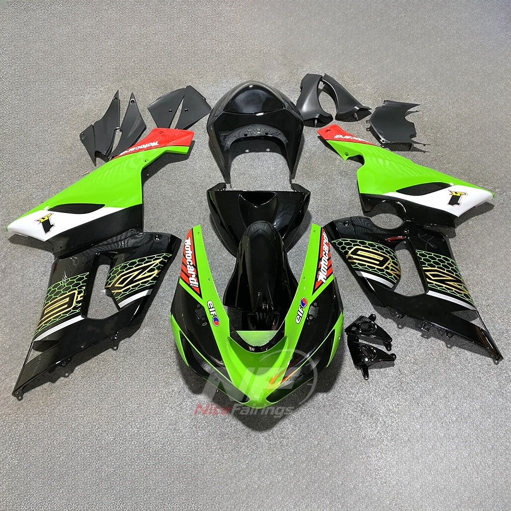Kawasaki ZX6R 2005-2006 Black green angled graphic - front view