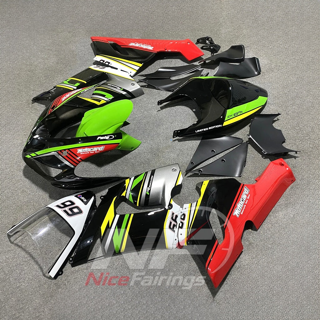 Kawasaki ZX6R 2005-2006 Green red numbered layout - angled view