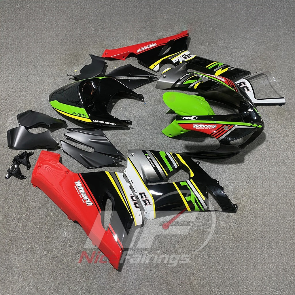 Kawasaki ZX6R 2005-2006 Green red numbered layout - angled view