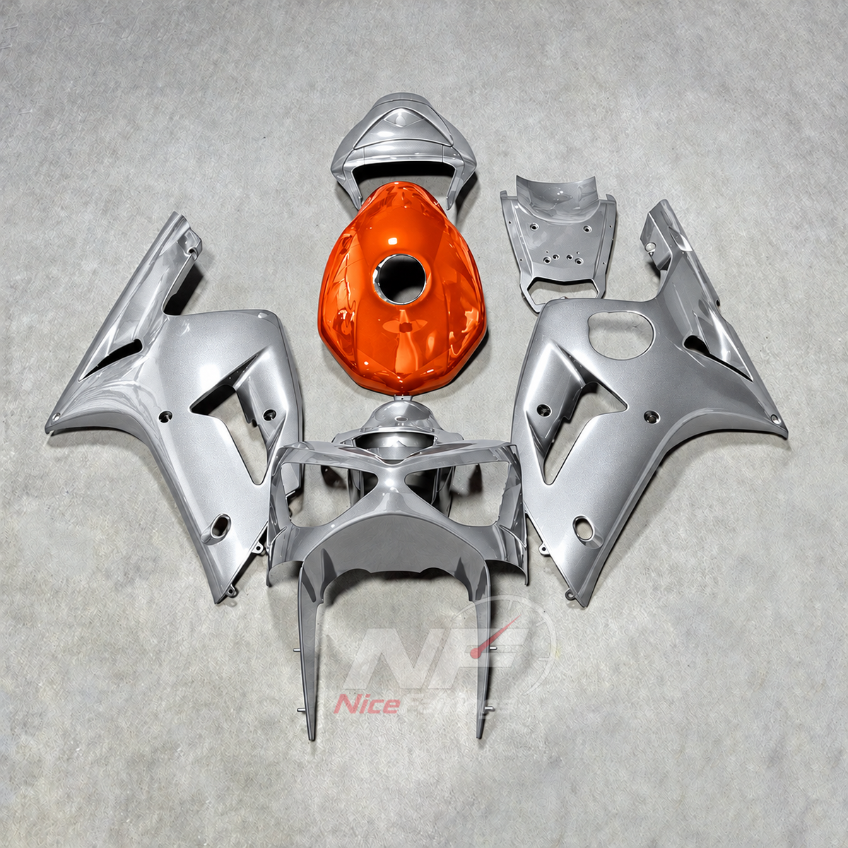 Kawasaki ZX6R 2003-2004 Silver fairings with orange tank cover - front view