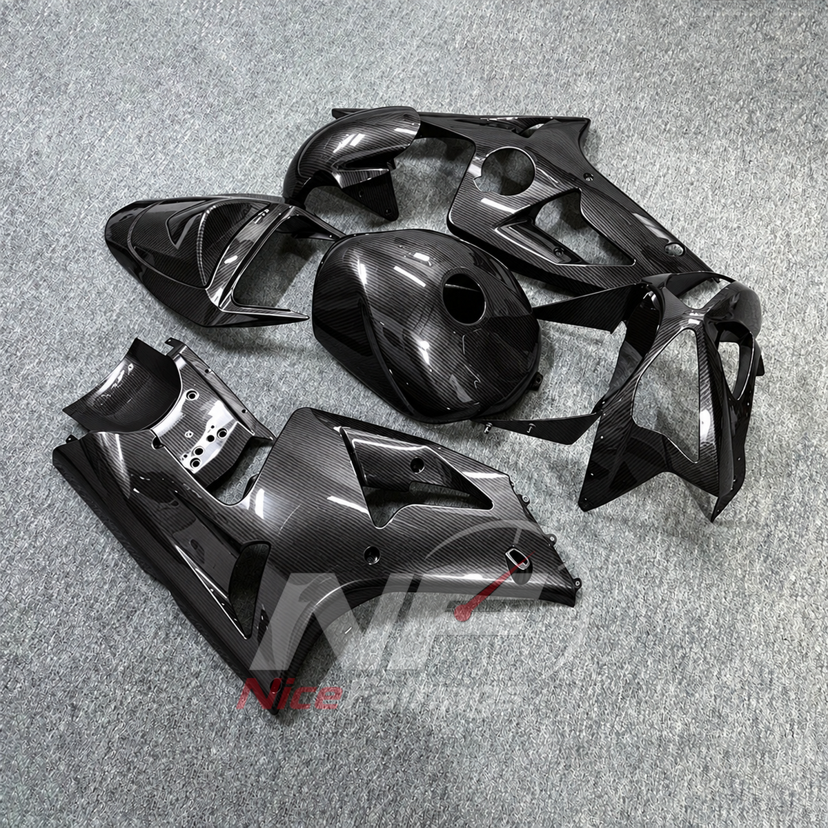 Kawasaki ZX6R 2003-2004 Full carbon-fiber-look pattern - angled view