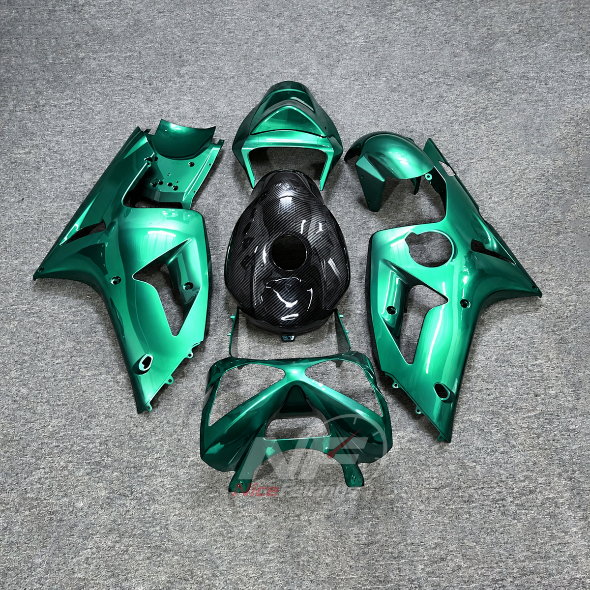 Kawasaki ZX6R 2003-2004 Turquoise green with visible carbon-look tank cover - front view
