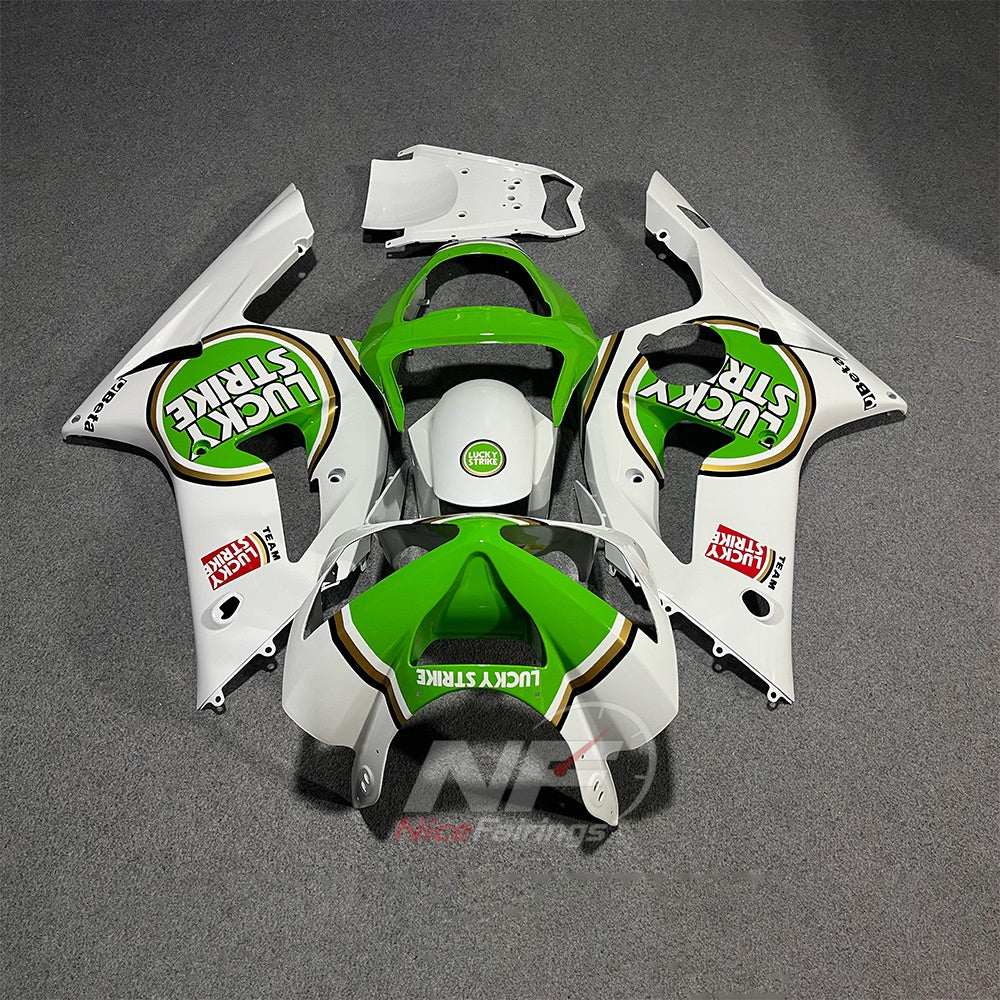 Kawasaki ZX6R 2003-2004 White and green circular-emblem livery - front view