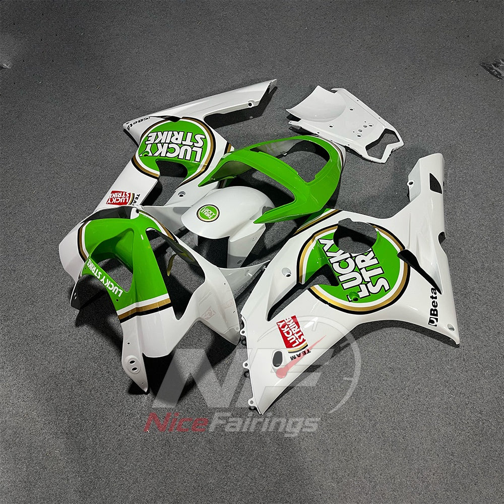 Kawasaki ZX6R 2003-2004 White and green circular-emblem livery - angled view